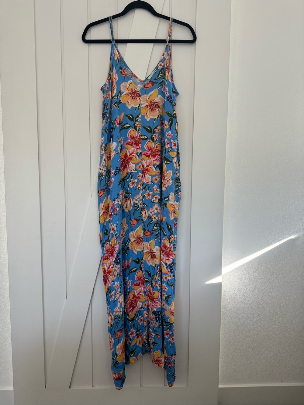 Lovestitch blue floral maxi dress w/ tropical print & thin spaghetti straps